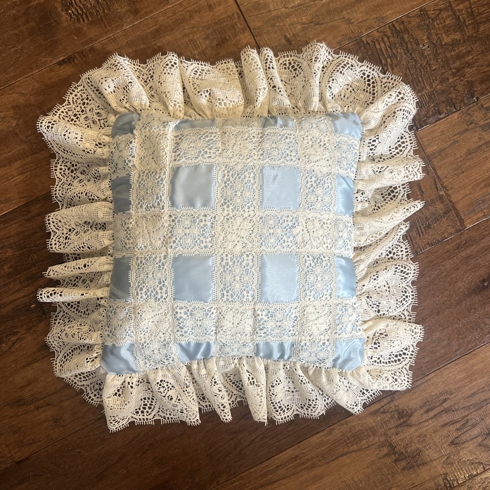Vintage Satin & Lace Throw Pillow Grannycore Cottagecore Blue Ivory Cream